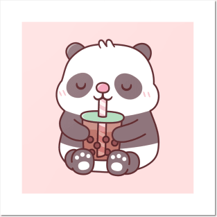 Cute Chubby Panda Bear Drinking Bubble Tea Posters and Art